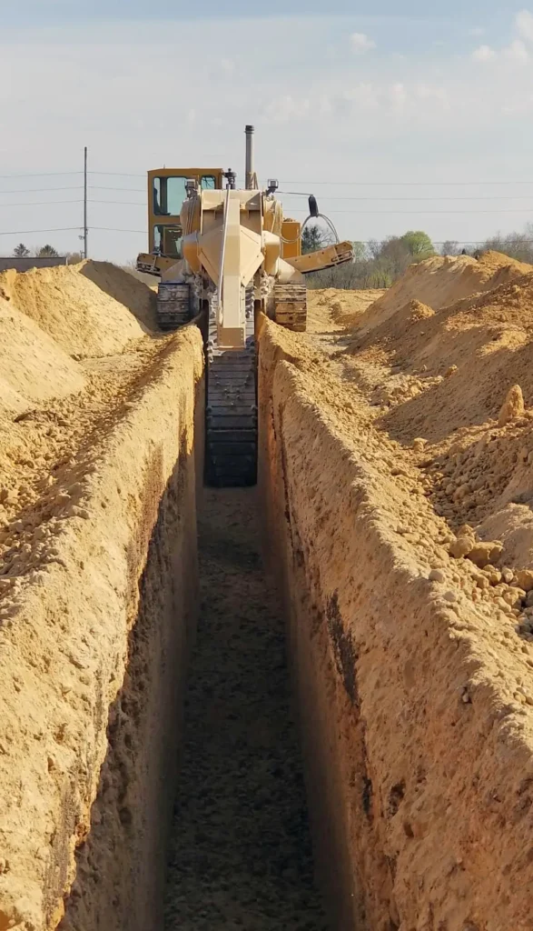 A trenching machine creating a deep and narrow trench in compacted soil, showcasing Earthworks Hawkes Bay’s trenching capabilities.