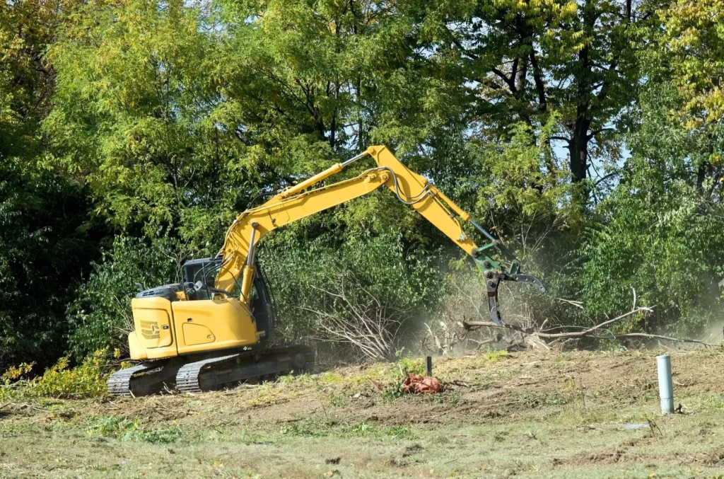 A yellow excavator clearing dense vegetation, showcasing Earthworks Hawkes Bay’s precise land clearing services.