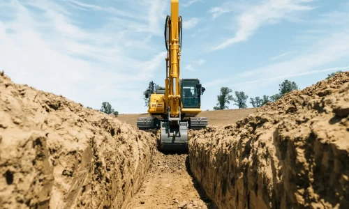 A large excavator digging a deep trench on a construction site, showcasing Earthworks Hawkes Bay’s trenching expertise. A large excavator digging a deep trench on a construction site, showcasing Earthworks Hawkes Bay's trenching expertise.