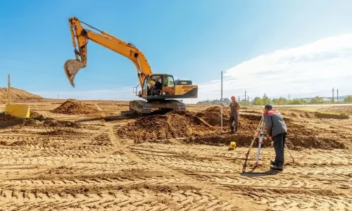 Construction workers surveying land while an excavator clears soil, representing Earthworks Hawkes Bay’s land clearing service. Construction workers surveying land while an excavator clears soil, representing Earthworks Hawkes Bay's land clearing service.
